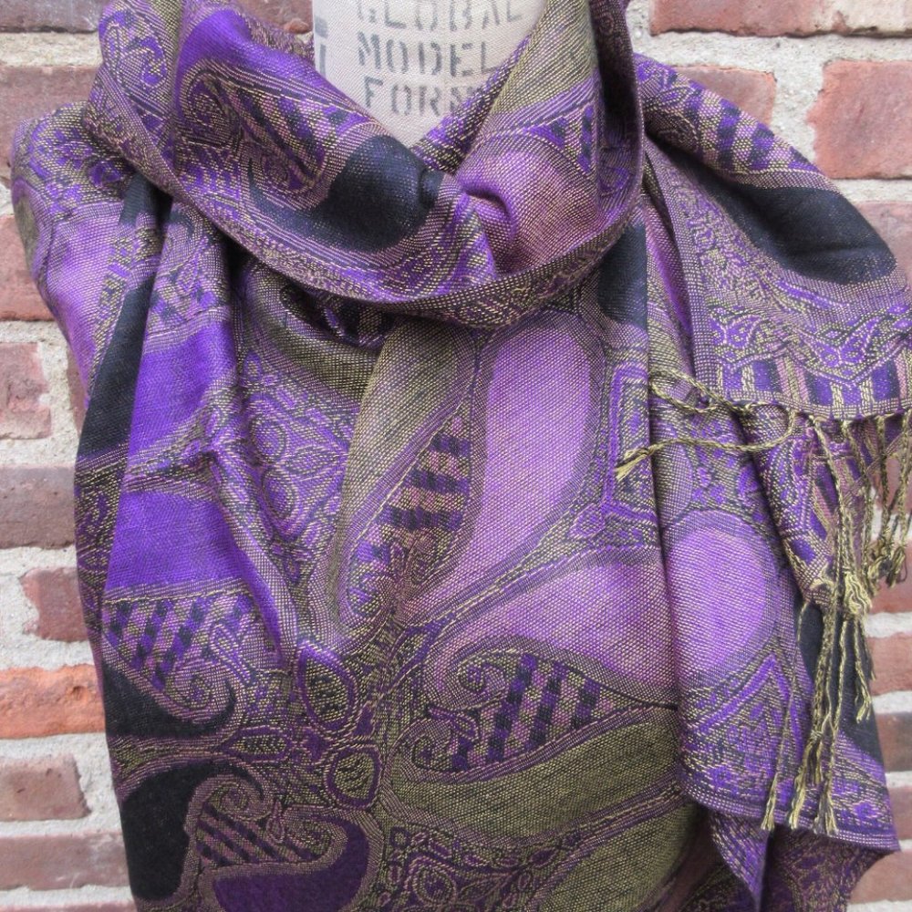 Purple Black Paisley Pashmina Scarf Shawl Wrap / Rave Scarves Women Accessories - Picture 7 of 7